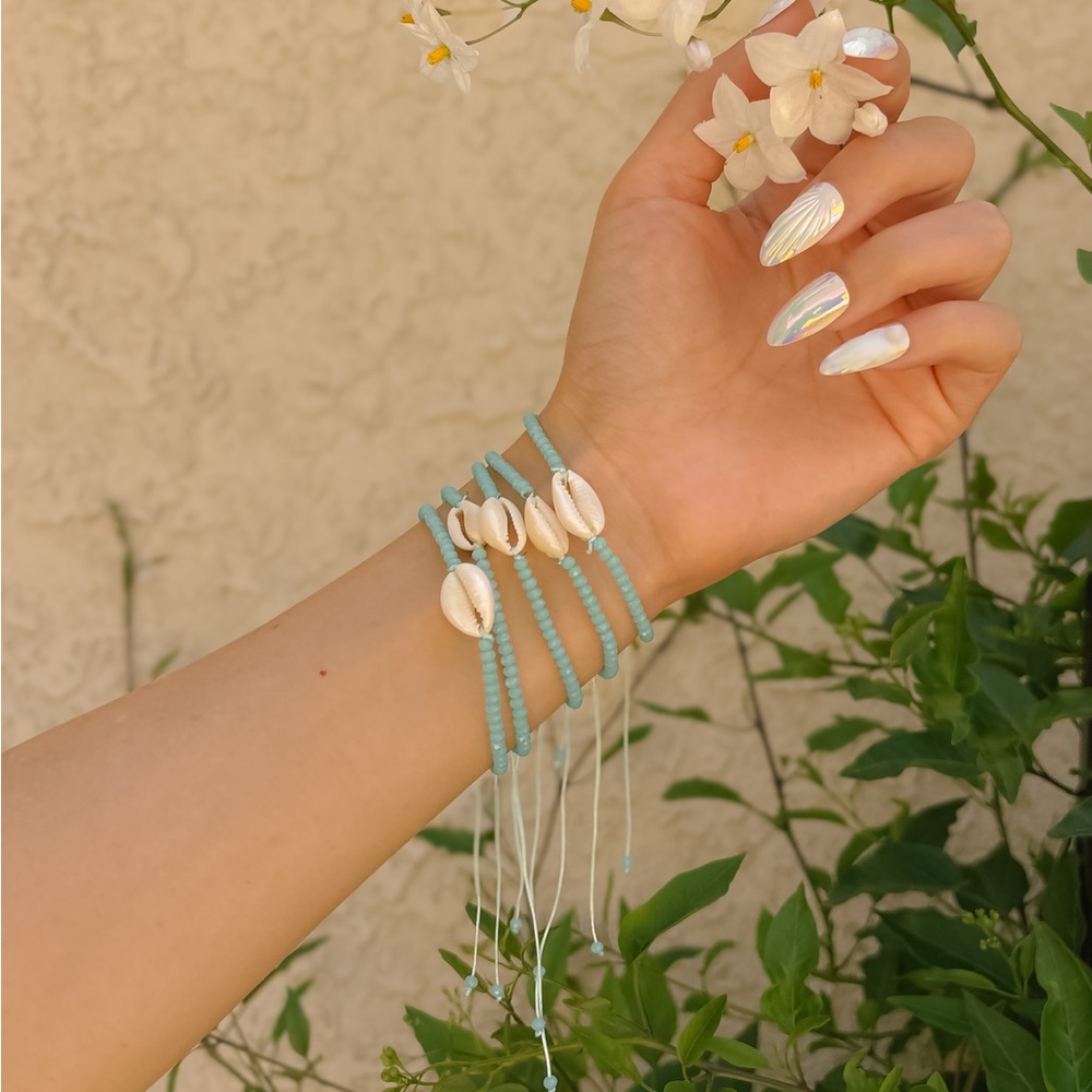 Dainty Aqua Beaded Cowry Shell Adjustable Bracelet